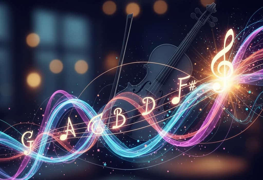 Artistic representation of a violin G Major scale, with the notes G, A, B, D, and F-sharp flowing on a colourful ribbon of light in front of a violin and bow.