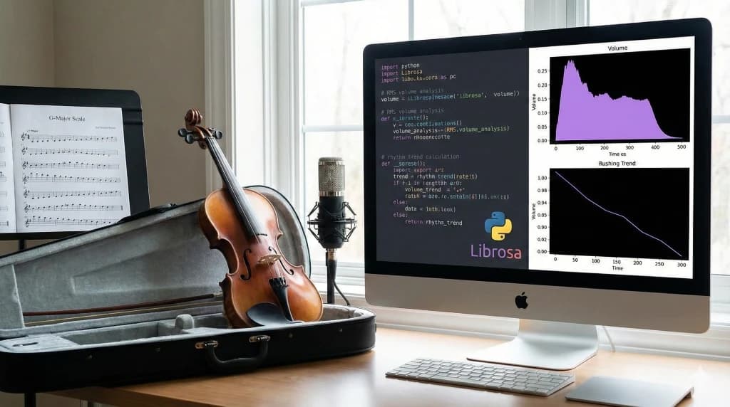 A home music studio features a violin resting in its open case and a microphone on a stand next to a desktop computer. The computer monitor displays Python code with the Librosa library logo, alongside two graphs analysing audio: one showing "Volume" over time and another showing a "Rushing Trend". A music stand with a "G-Major Scale" score is to the left.