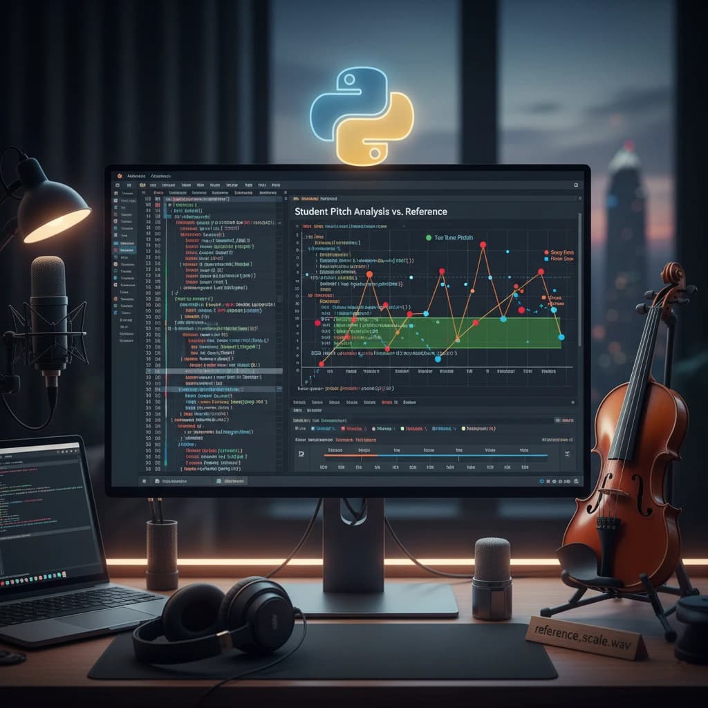 A workstation setup for Python violin performance analysis, featuring a computer monitor displaying Python code and a pitch analysis graph, with a glowing Python logo above. A violin on a stand, headphones, a laptop, and a microphone are arranged on the desk, signifying music technology and audio analysis.