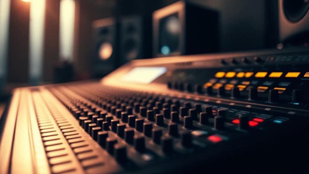 A close-up, low-angle shot of a sound mixing desk with rows of faders and buttons. The background is out of focus, showing speakers and blurred lights.