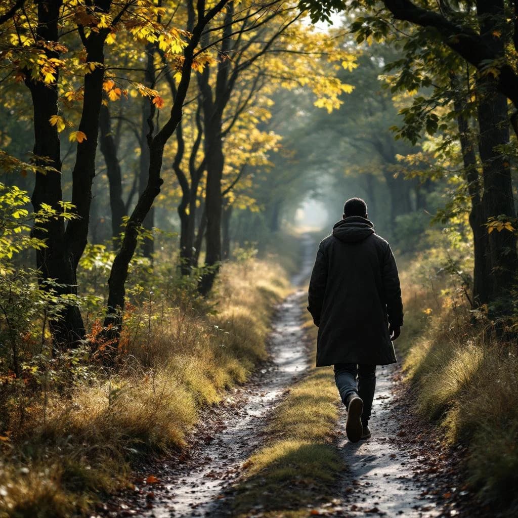 A person in a dark coat walks away from the camera down a dirt path surrounded by trees with yellow and green leaves, lit by a bright light at the end of the path.