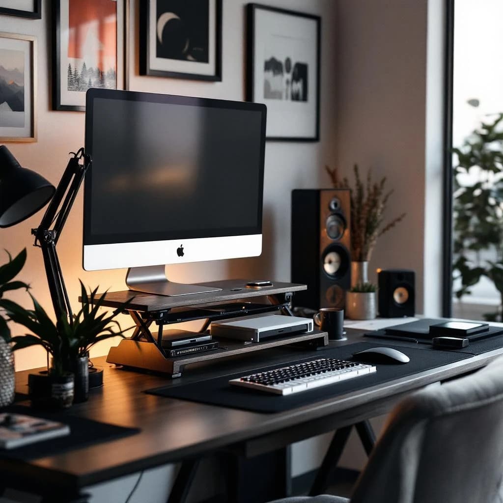 A neatly organized desk with a large computer monitor, a keyboard, a mouse, and speakers. Plants and framed artwork are visible in the background.